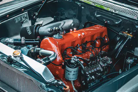 Engine bay of a classic car